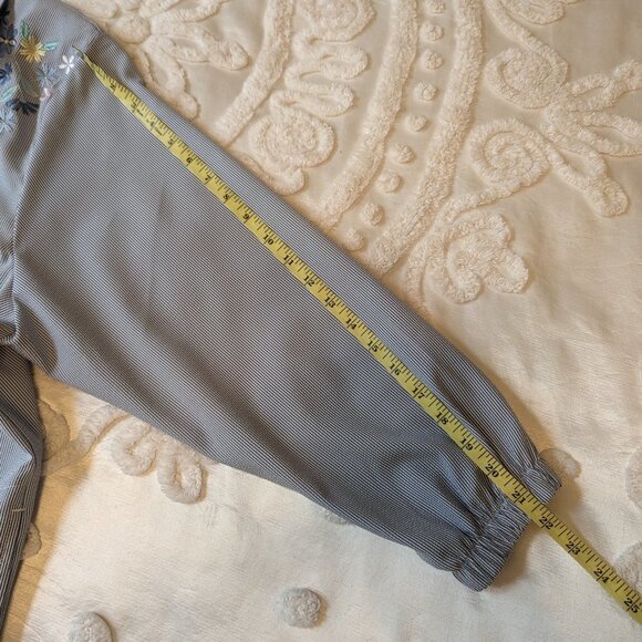 VINTAGE Bon Worth seersucker blue white jacket floral embroidery EUC Petite L - Picture 7 of 10